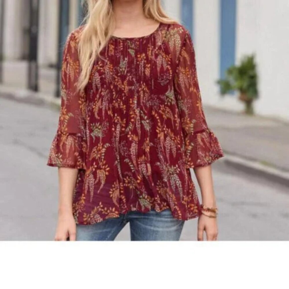 Sundance Winthrop Garden Blouse Top Sheer Floral Printed Pintuck L